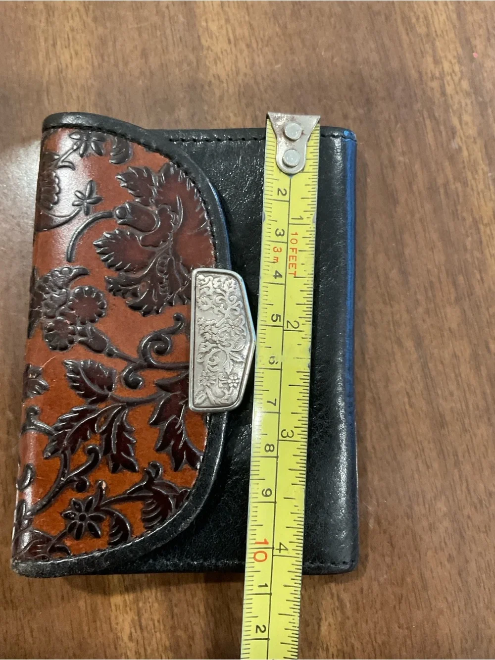 Brighton Black and Brown Tooled Floral Leather coin purse with belt straps bag